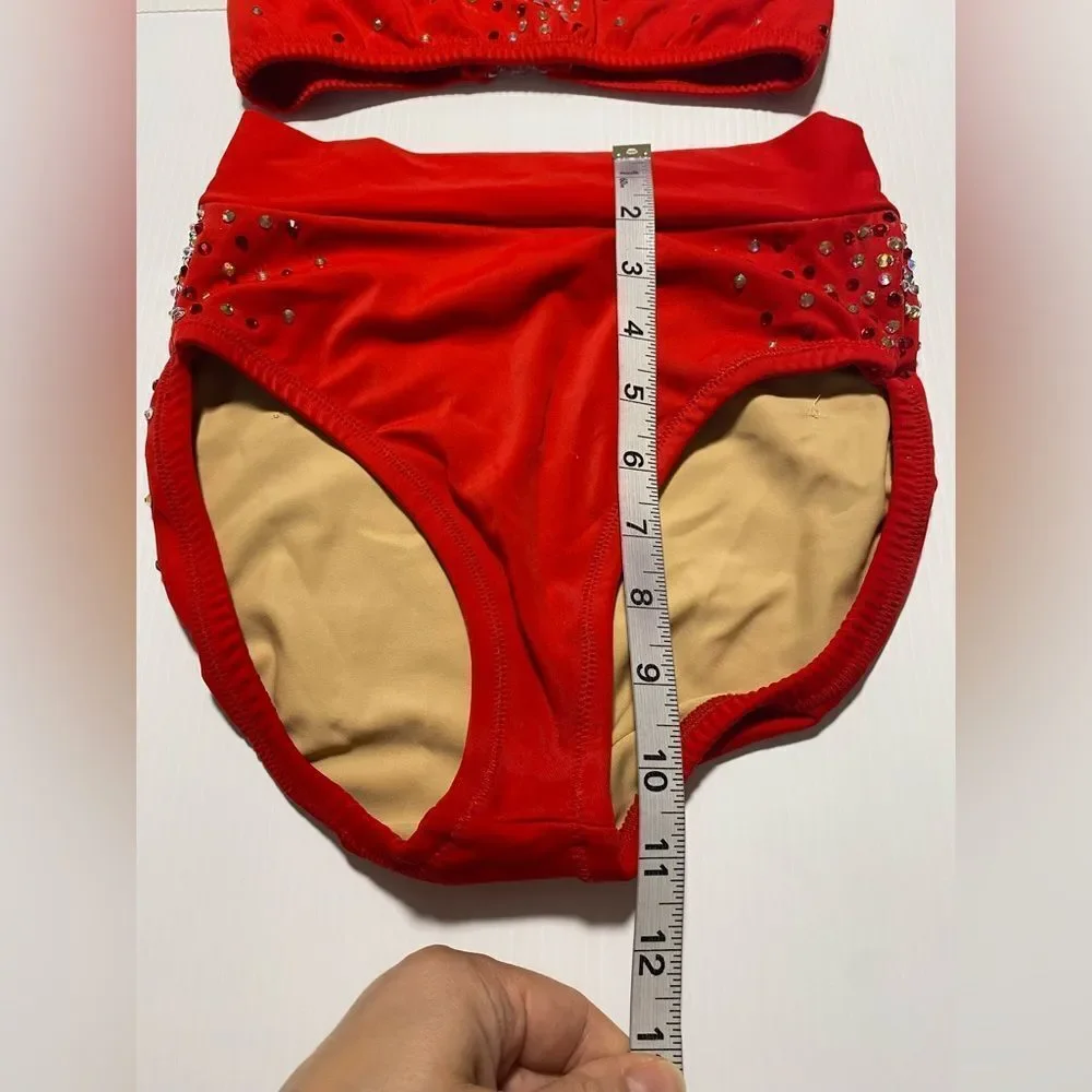 Custom dance solo costume red 2 piece rhinestoned illusion bling XSA adult
